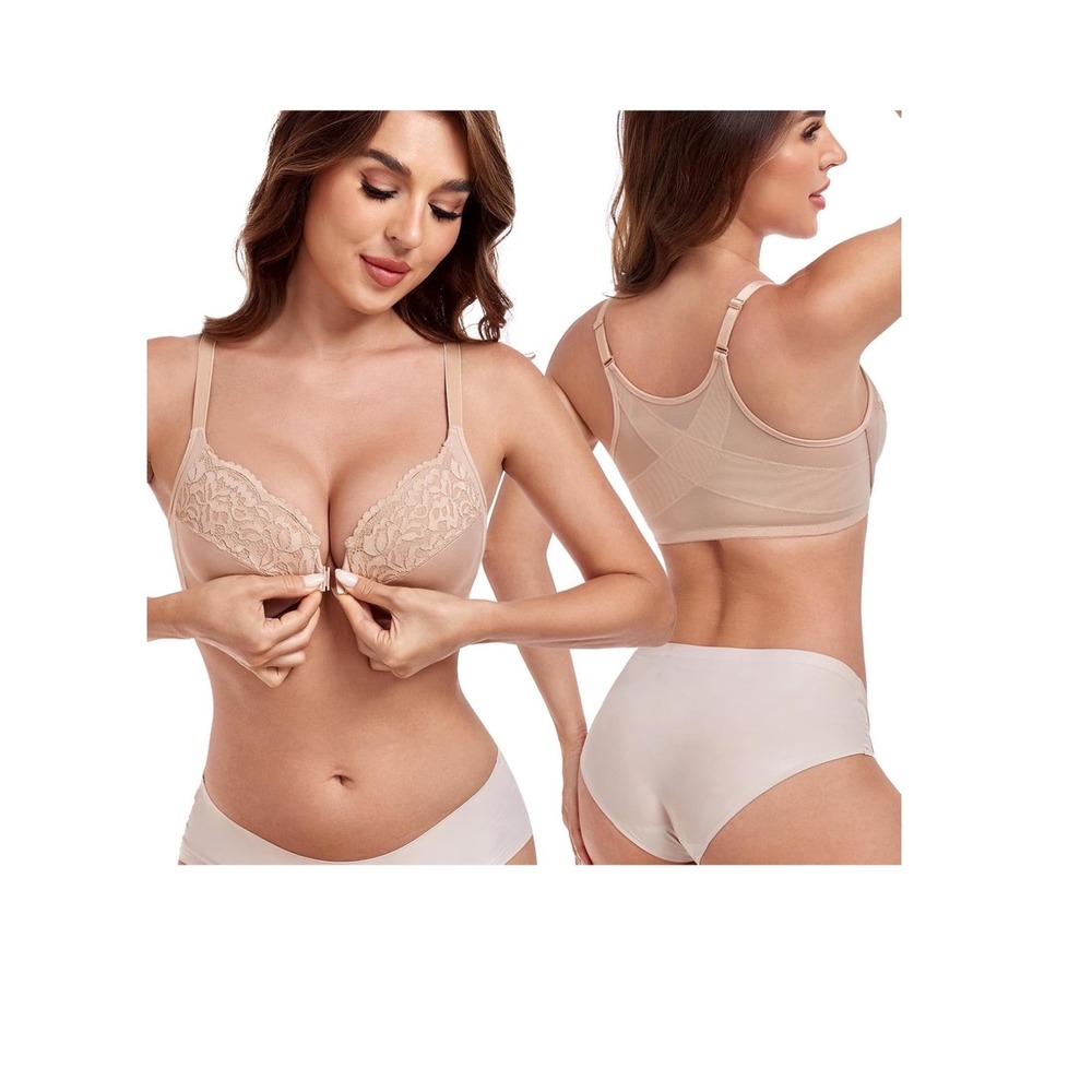 NEW HACI Front Closure Bra Womens 34DD Beige Lace X-Shape Posture Underwire